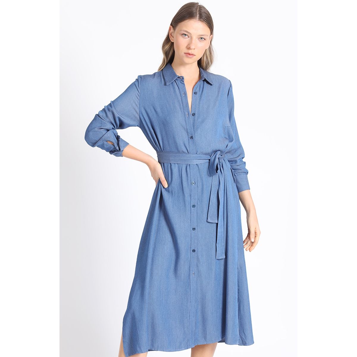 LIOLA - Camisa Extra Larga Chambray Listado, Azul Liola