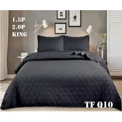 GENERICO - Cobertor Quilts de Verano / Cubrecamas con Pompones 1,5 plaza - Negro