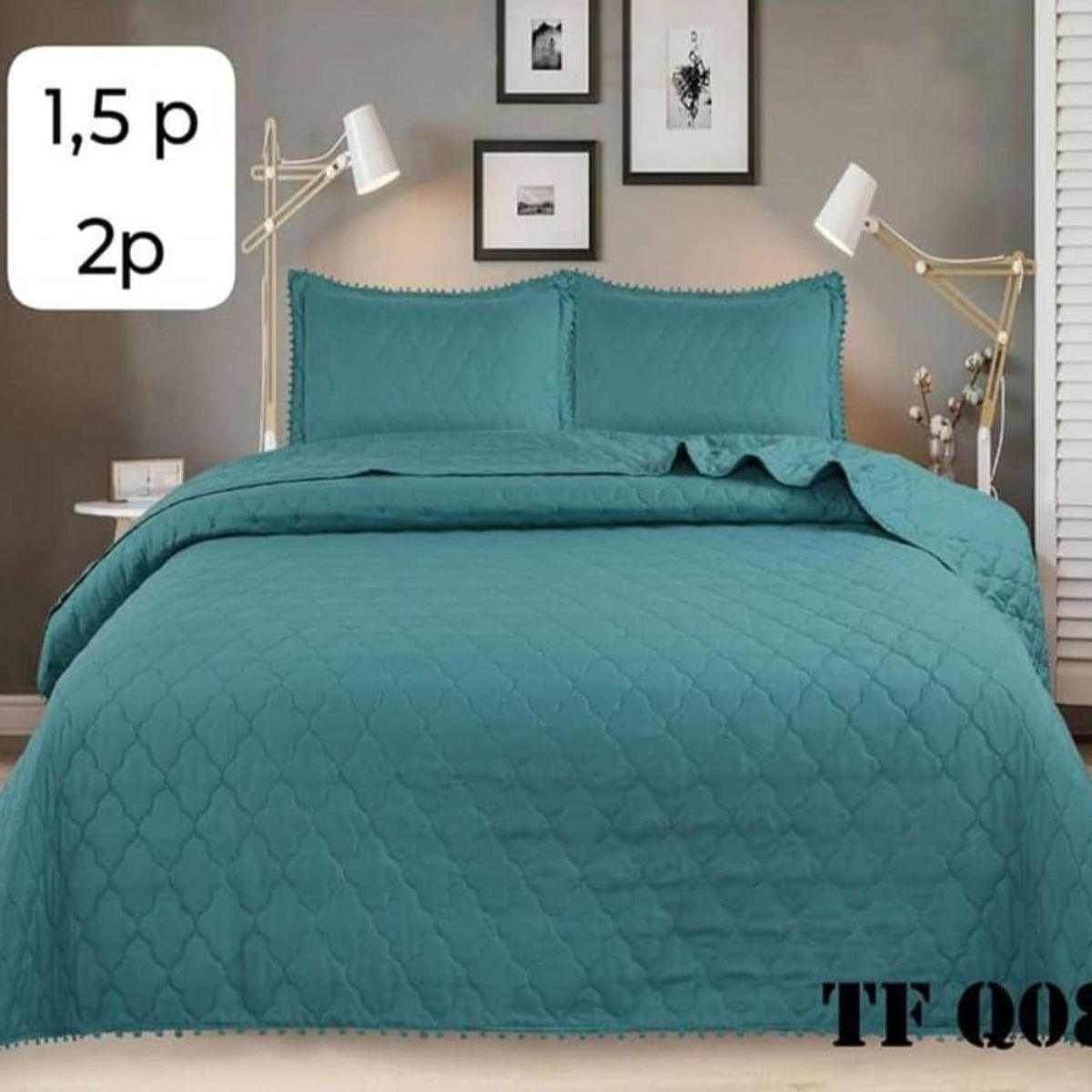 GENERICO - Cobertor Quilts de Verano / Cubrecamas con Pompones 1,5 plaza - Turquesa