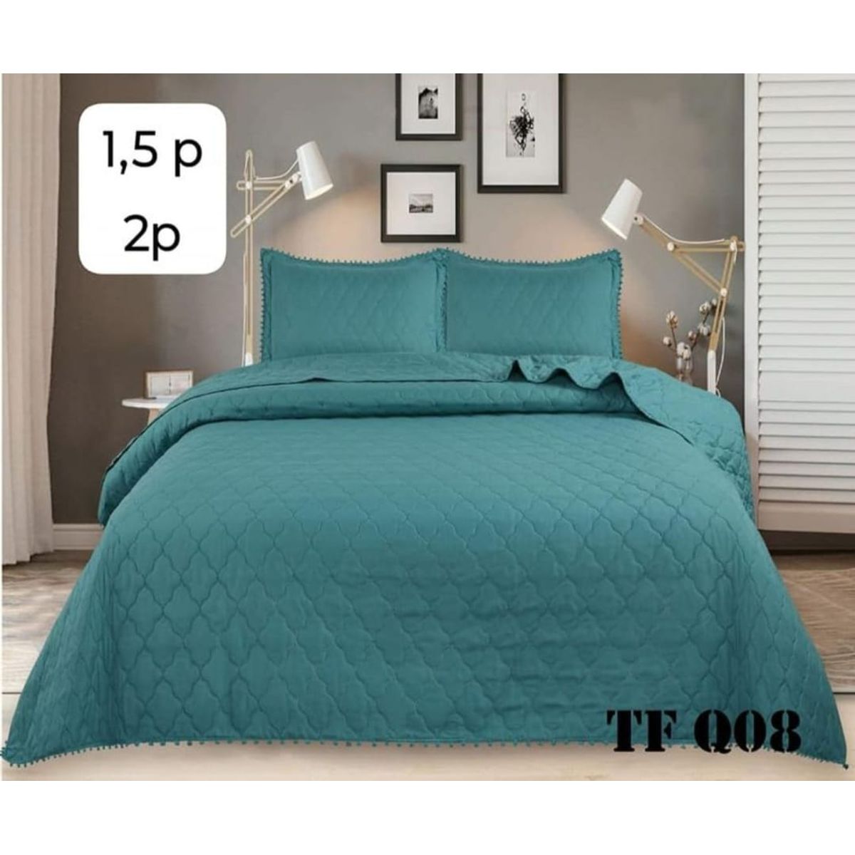 GENERICO - Cobertor Quilts de Verano / Cubrecamas con Pompones 1,5 plaza - Turquesa