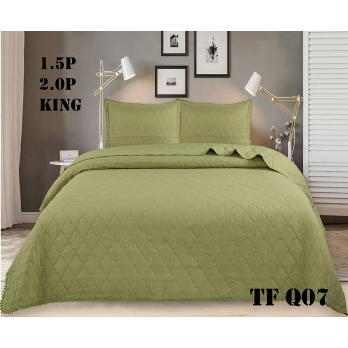 GENERICO - Cobertor Quilts de Verano / Cubrecamas con Pompones 1,5 plaza - Verde