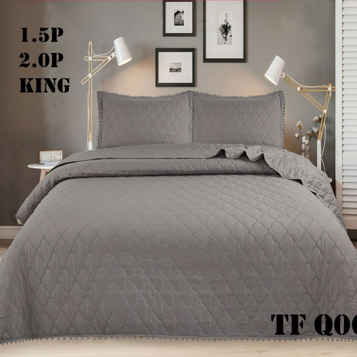 GENERICO - Cubrecama Tipo Quilt 2 Plazas Algodon Gris oscuro Pp