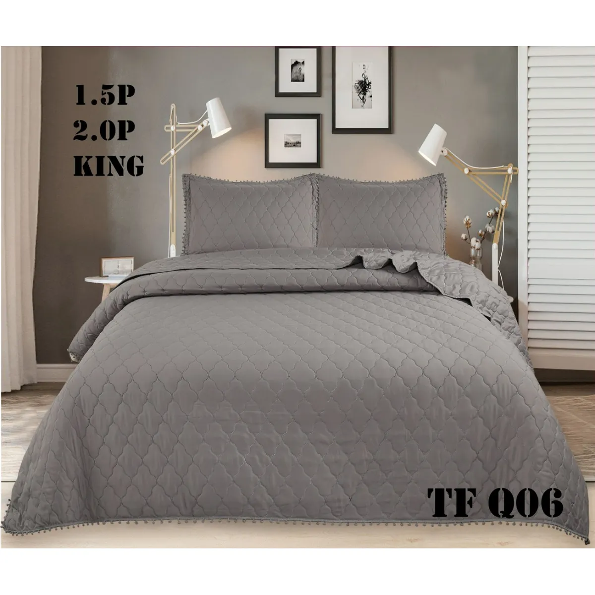 GENERICO - Cubrecama Tipo Quilt 2 Plazas Algodon Gris oscuro Pp