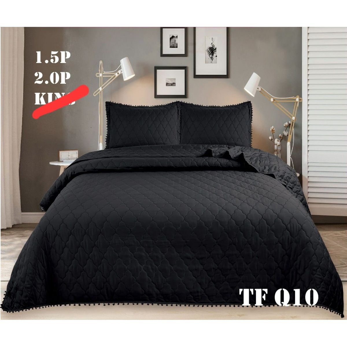 GENERICO - Cubrecama de algodon tipo Quilt 1.5 Plazas Negro Pp