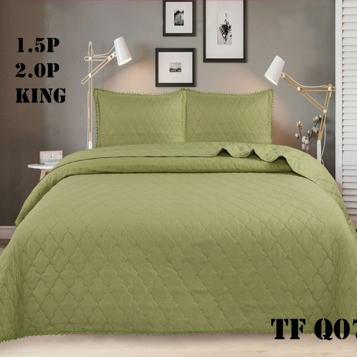 GENERICO - Cubrecama de algodon tipo Quilt King Verde Pp