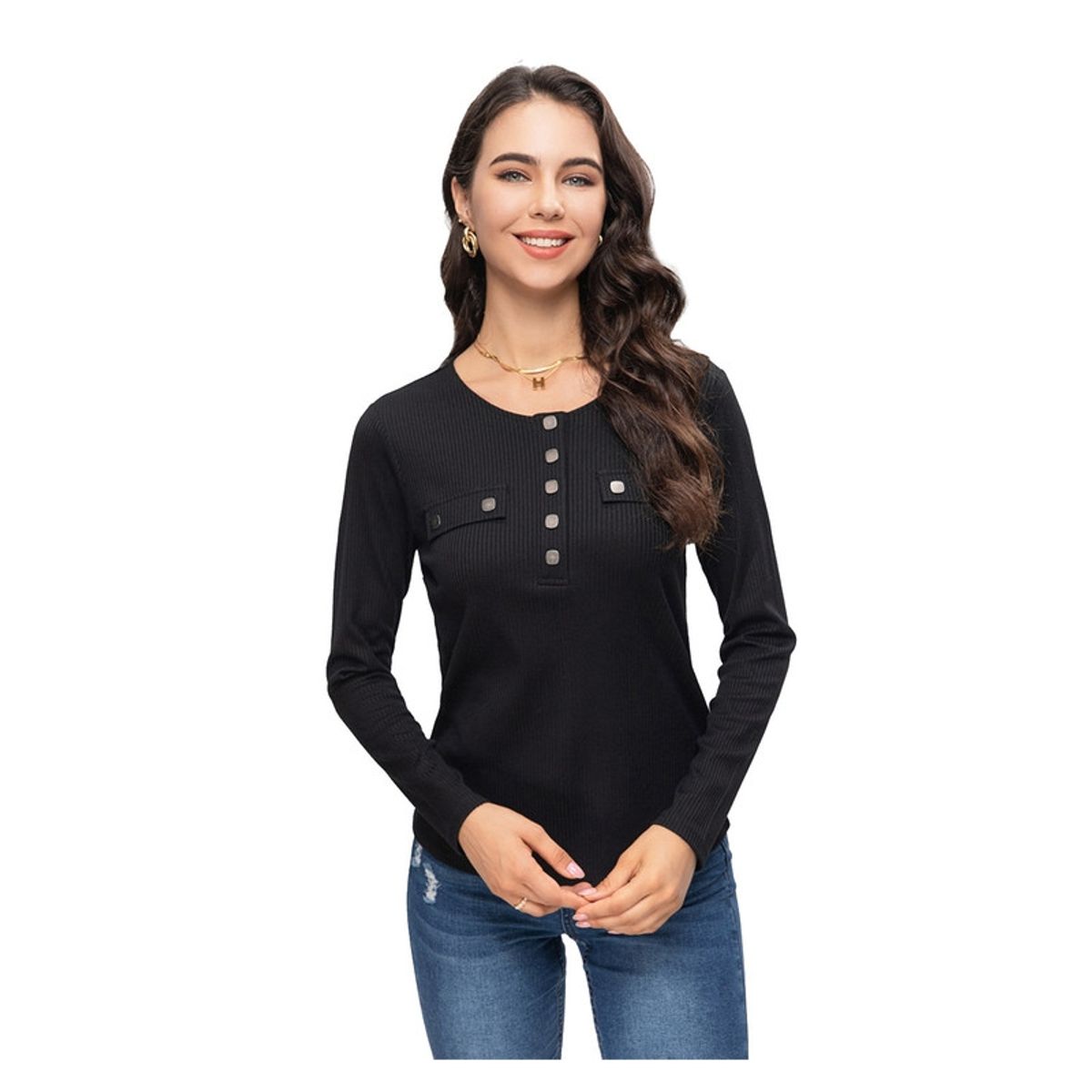 FASHION'S PARK - Polera Mujer Abotonada Media Pata Negro Fashion's Park