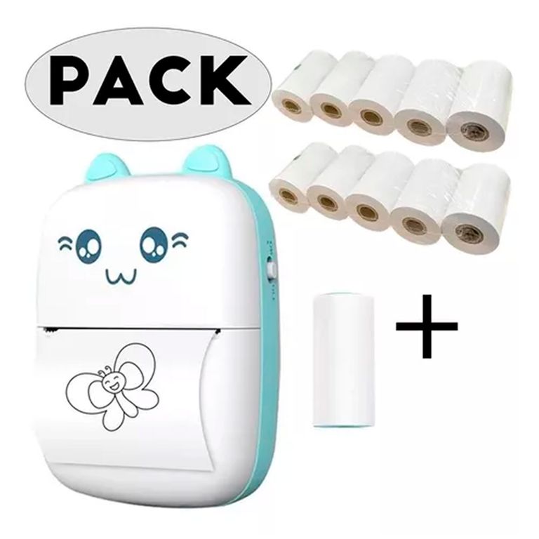 Mini Impresora Termica Portatil Bluetooth Gatito + 11 Rollos Celeste