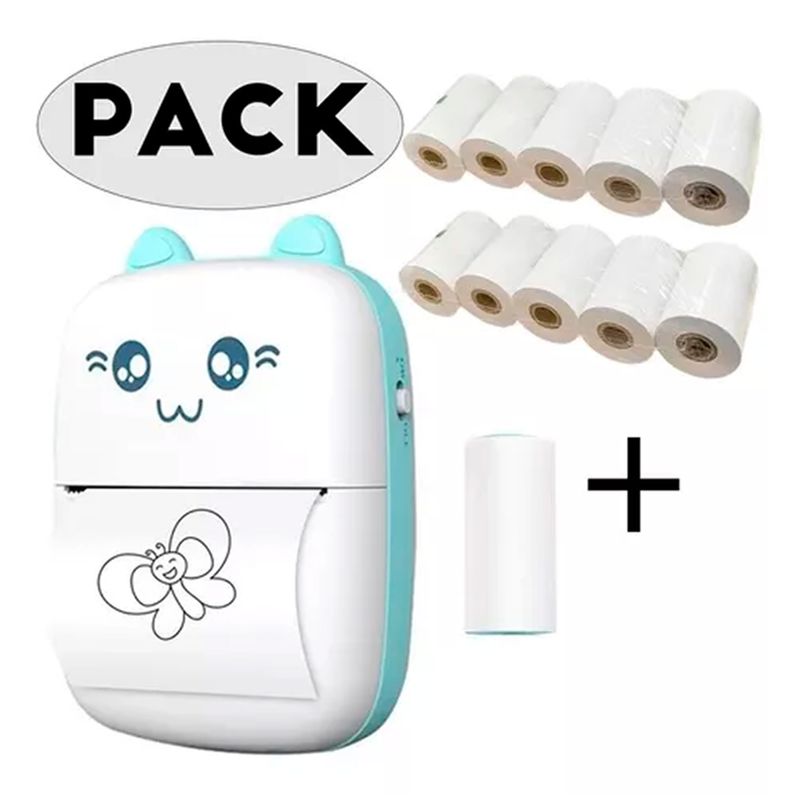 ESHOPANGIE - Mini Impresora Térmica Portátil Bluetooth Gatito + 11 Rollos Celeste