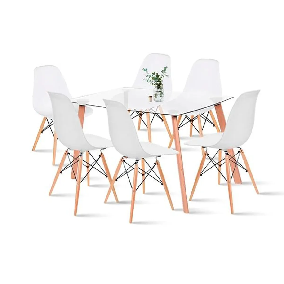 KLIK - Comedor Mesa de Vidrio Nórdica 140x90 cm + 6 Sillas Eames Blancas KLIK