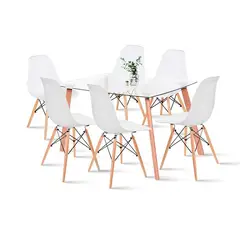 KLIK - Comedor Mesa de Vidrio Nórdica 140x90 cm + 6 Sillas Eames Blancas