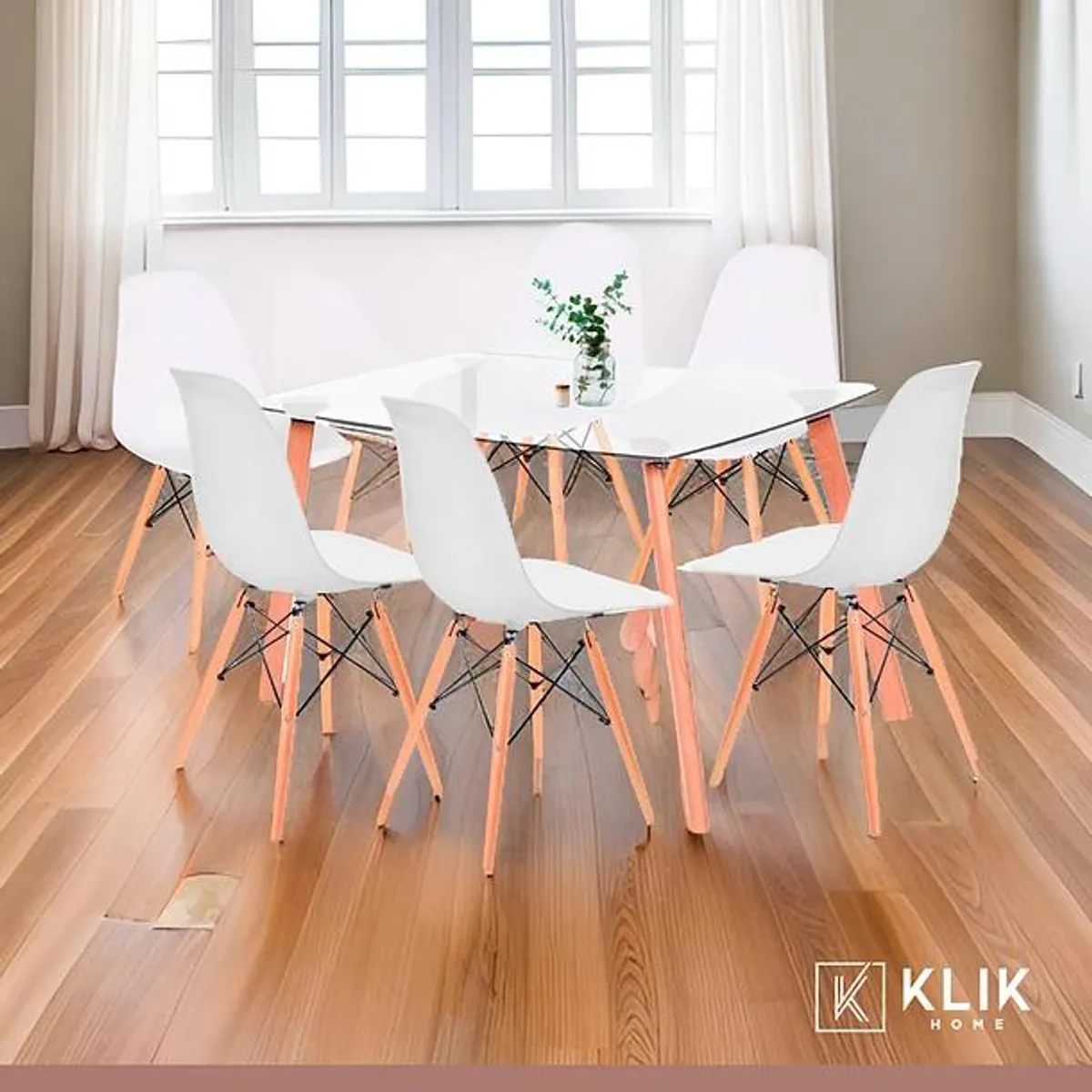 KLIK - Comedor Mesa de Vidrio Nórdica 140x90 cm + 6 Sillas Eames Blancas KLIK