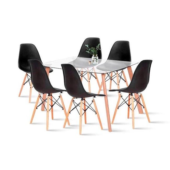 KLIK - Comedor Mesa de Vidrio Nórdica 140x90 cm + 6 Sillas Eames Negras KLIK