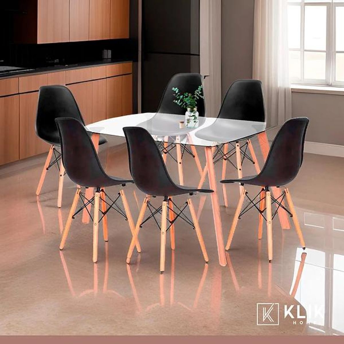 KLIK - Comedor Mesa de Vidrio Nórdica 140x90 cm + 6 Sillas Eames Negras KLIK