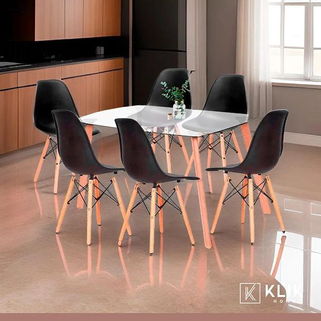 KLIK - Comedor Mesa de Vidrio Nórdica 140x90 cm + 6 Sillas Eames Negras KLIK