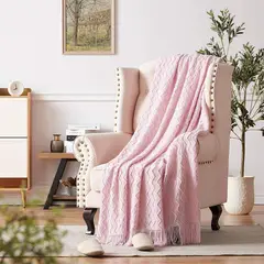 TODOHOGAR SANTIAGO DE CHILE - Manta tejida zigzag con flecos para 15p y 2p - rosa