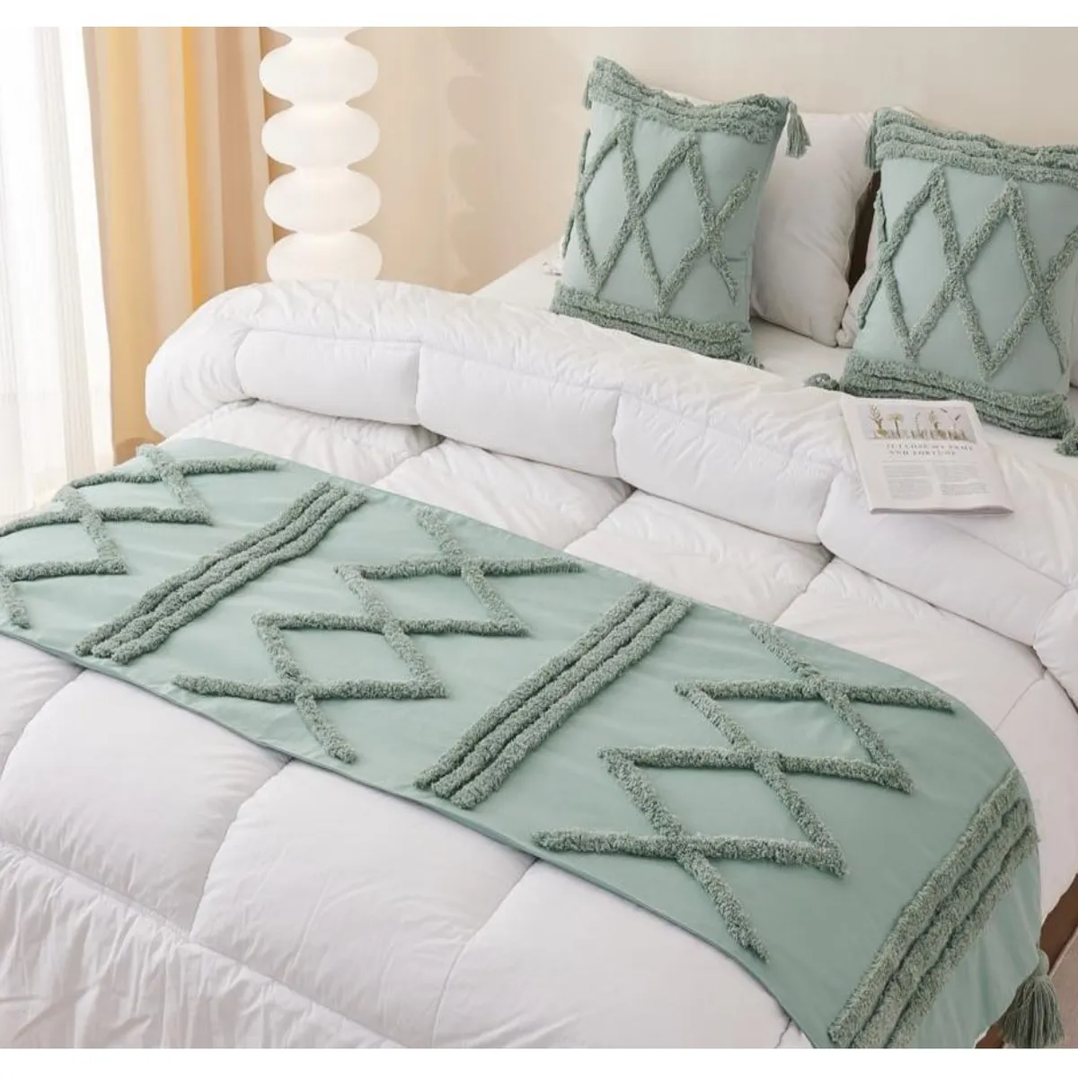 COMPRAPO - Set Piecera + 2 Fundas Menta Boho Lino Borlas 210x70 King 2 Pzas Zig