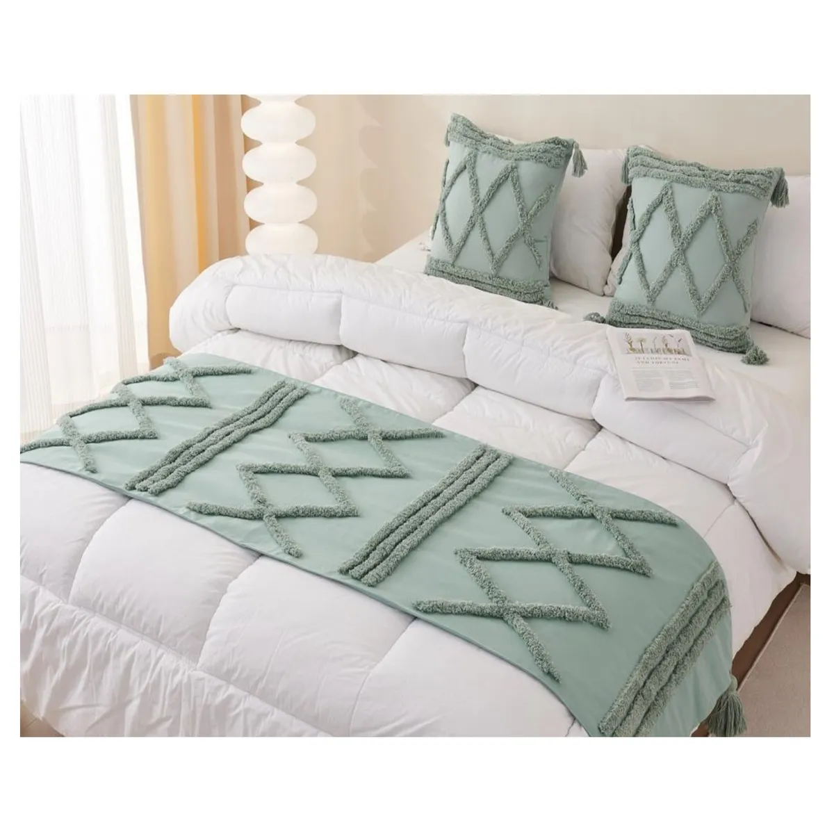 COMPRAPO - Set Piecera + 2 Fundas Menta Boho Lino Borlas 210x70 King 2 Pzas Zig