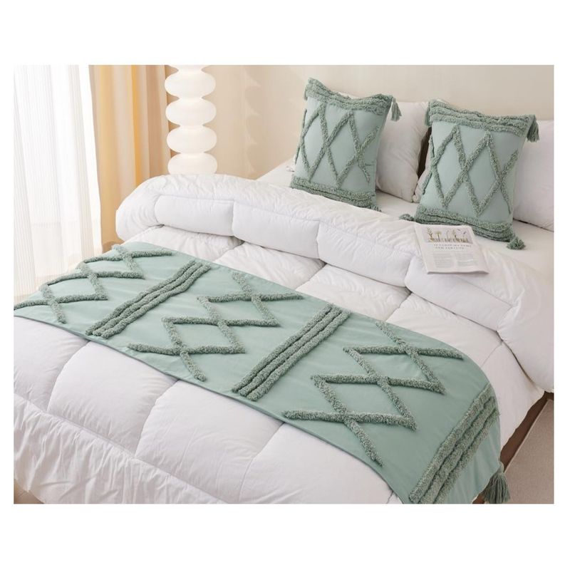 COMPRAPO - Set Piecera + 2 Fundas Menta Boho Lino Borlas 210x70 King 2 Pzas Zig