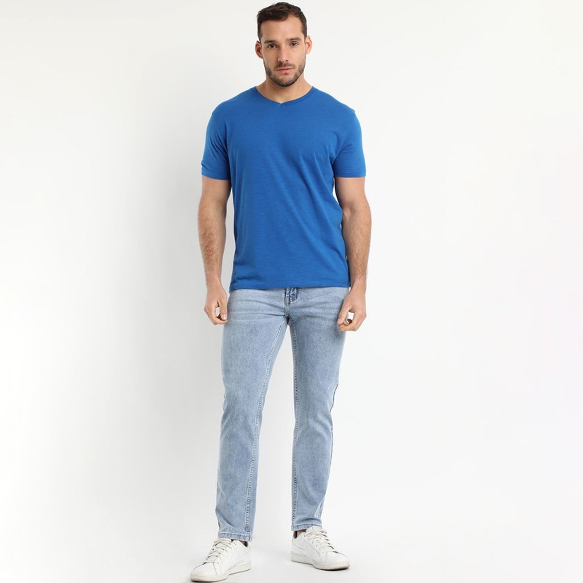 TRUVAL - Polera Manga Corta Cuello V Azul TRUVAL