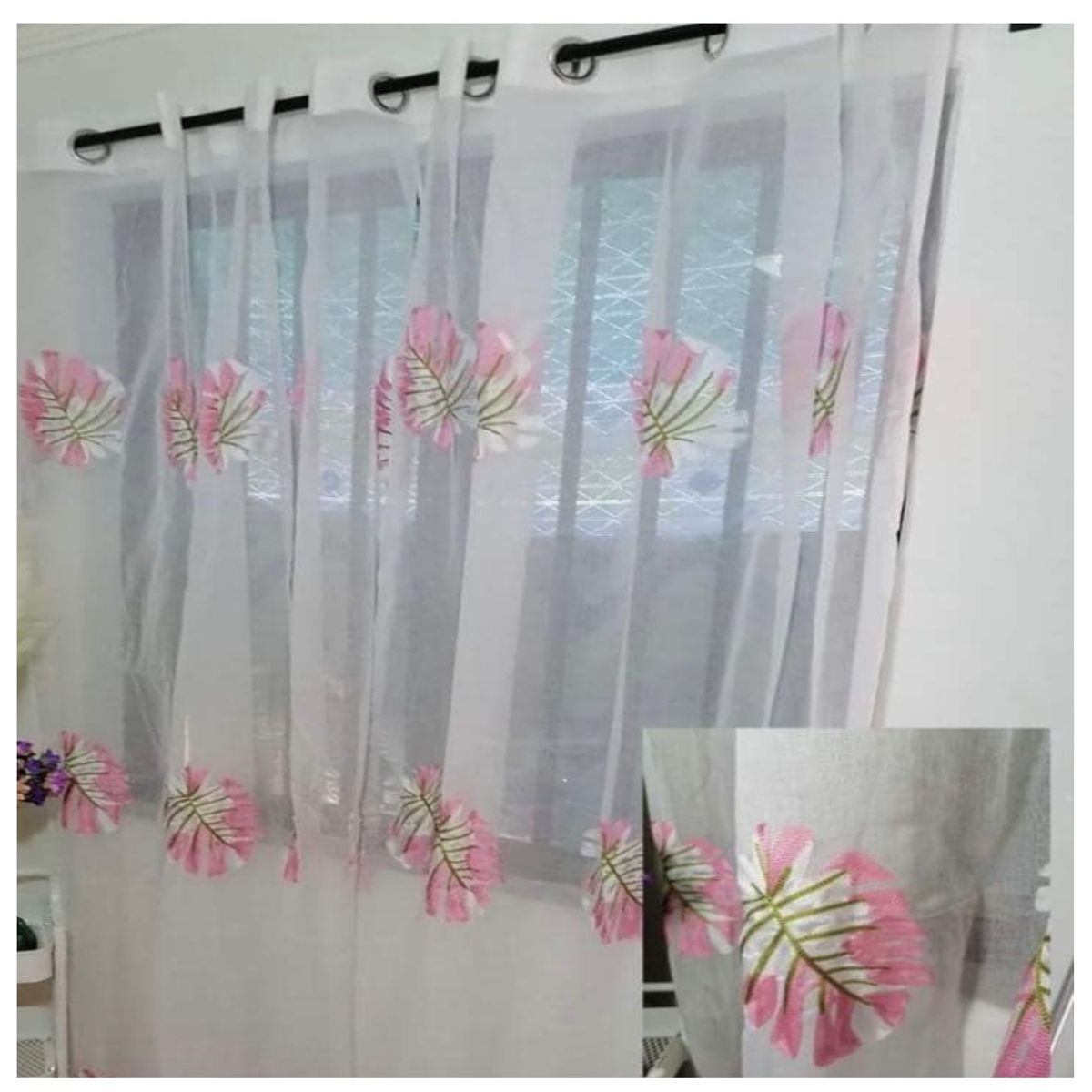 GENERICO - Set X 2 Visillos Blancos con Bordados Hojas Rosa y Verde 140x230 Cm