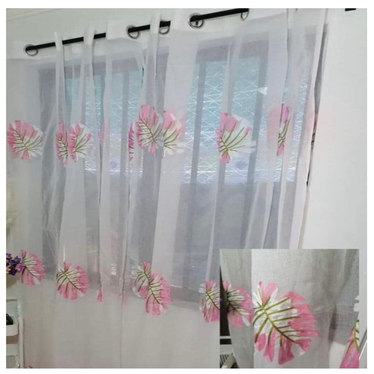 GENERICO - Set X 2 Visillos Blancos con Bordados Hojas Rosa y Verde 140x230 Cm