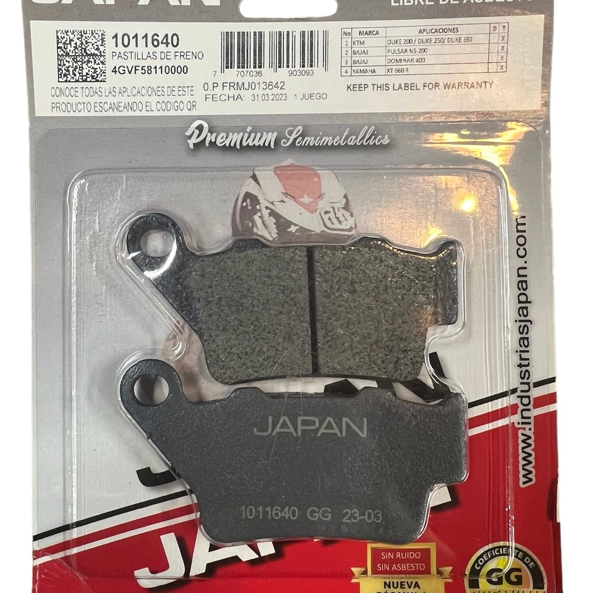 GENERICO - PASTILLA DE FRENO PARA MOTO 1011640 GG JAPAN