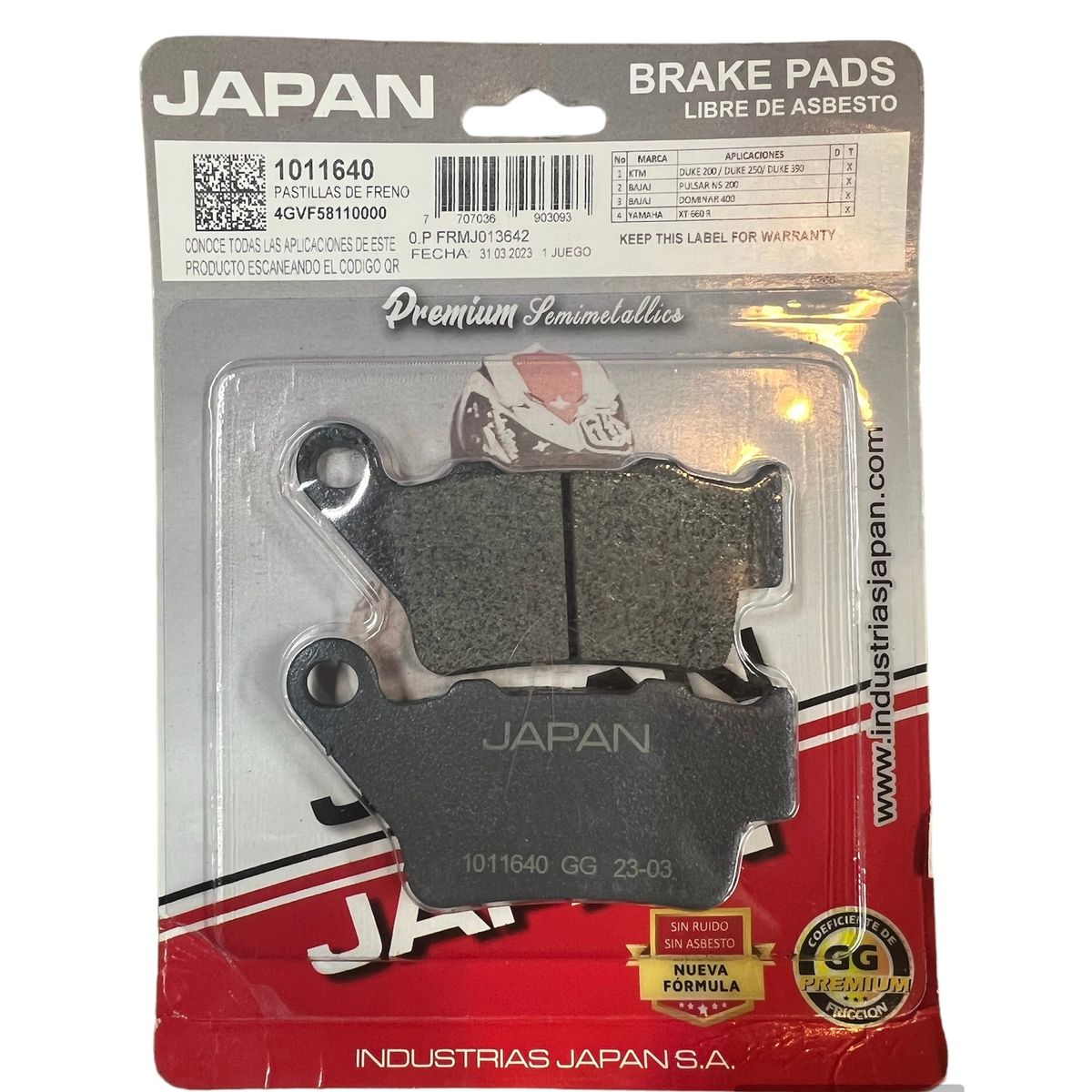 GENERICO - PASTILLA DE FRENO PARA MOTO 1011640 GG JAPAN