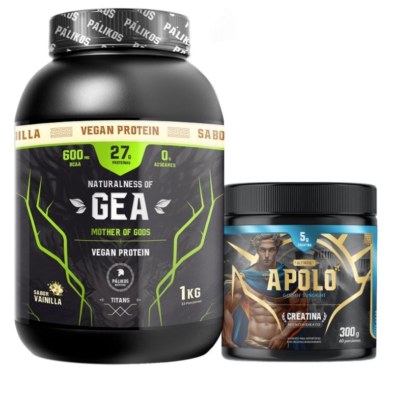 PALIKOS FITNESS - Proteina vegetal 1kg Sabor Vainilla y Creatina 300g Gea y Apolo.