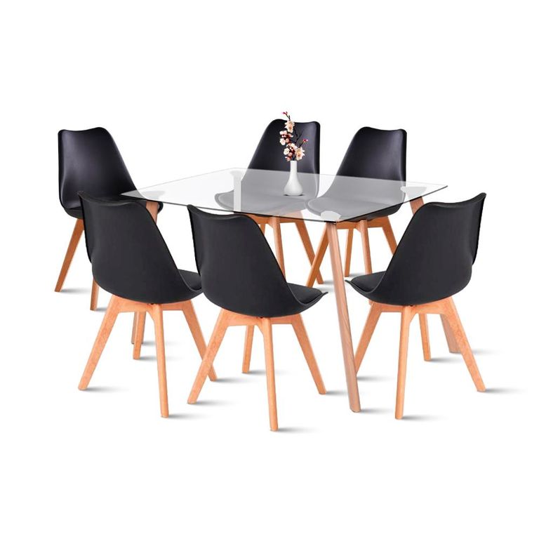 Comedor Mesa de Vidrio Nordica 140x90 cm + 6 Sillas Tulip Negras
