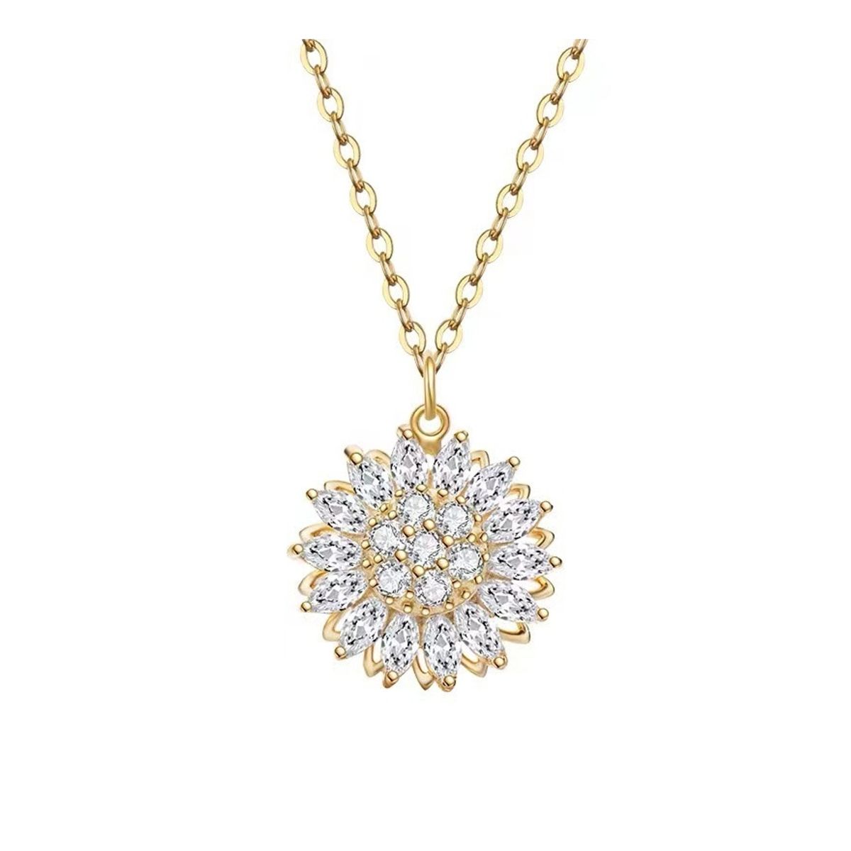 ZG JOYAS - Collar Cadena Dije Girasol Giratorio Plata S925 En Oro 18k