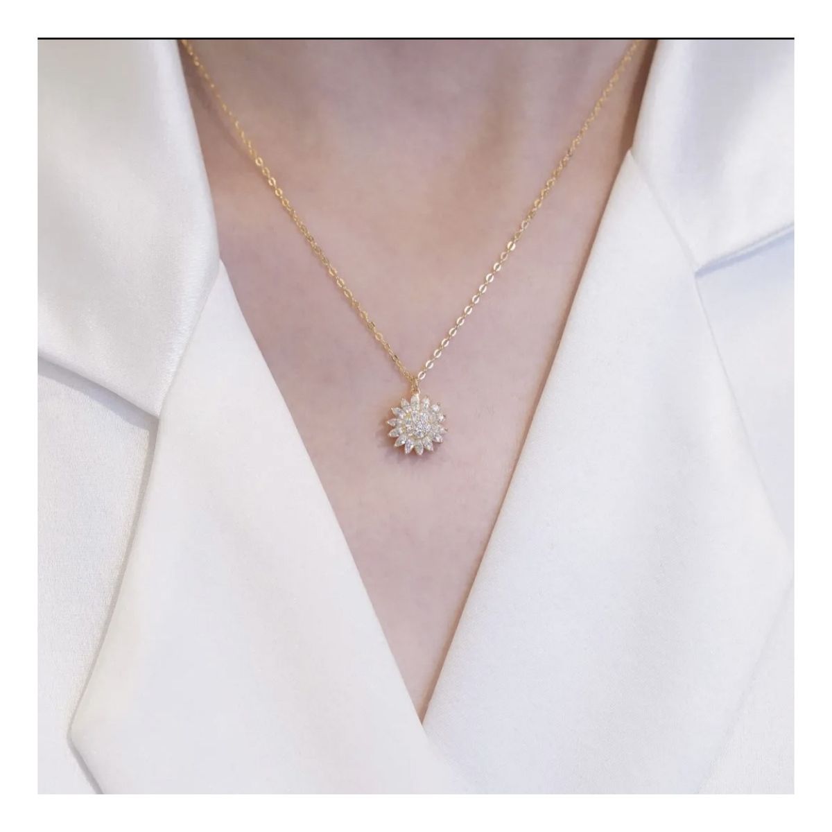 ZG JOYAS - Collar Cadena Dije Girasol Giratorio Plata S925 En Oro 18k