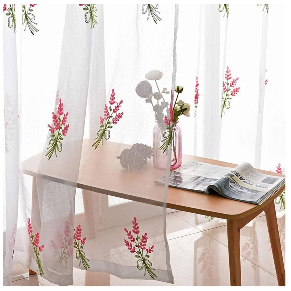 GENERICO - Set X 2 Visillos Blancos con Bordados Ramo Rosa 140x230 Cm