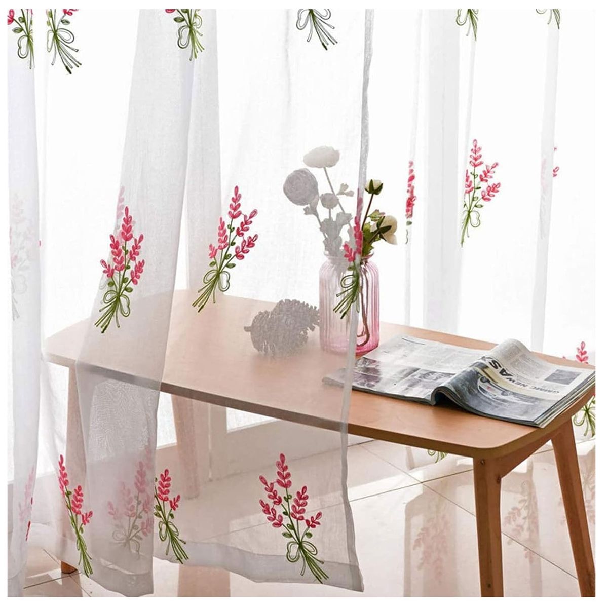 GENERICO - Set X 2 Visillos Blancos con Bordados Ramo Rosa 140x230 Cm