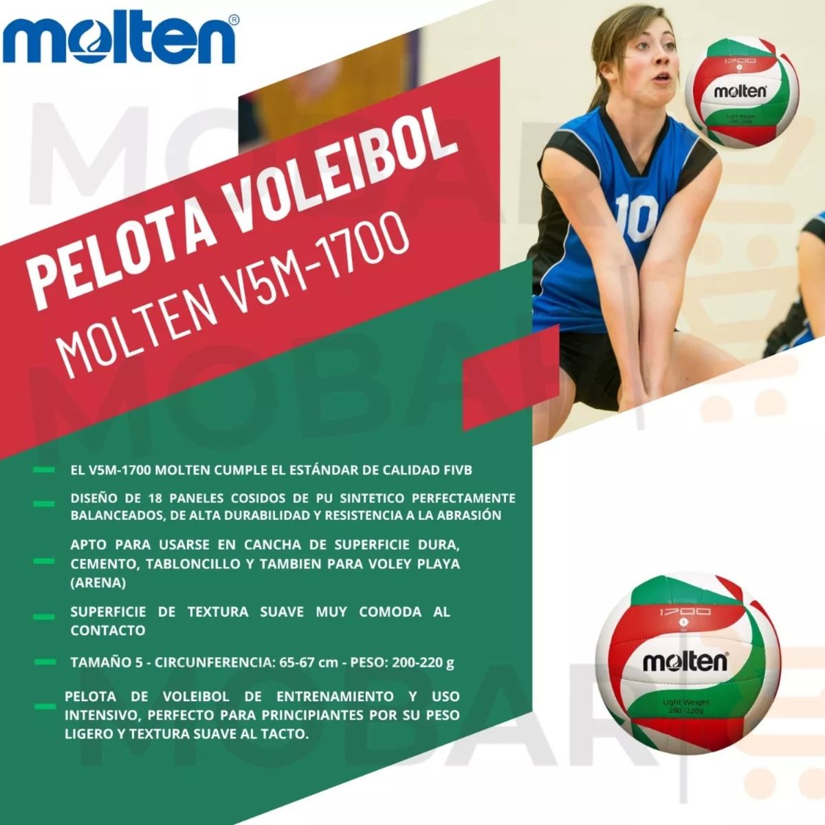 MOLTEN - Balon Voleibol Volleyball Voley Molten 1700 N5 Ultra Liviano