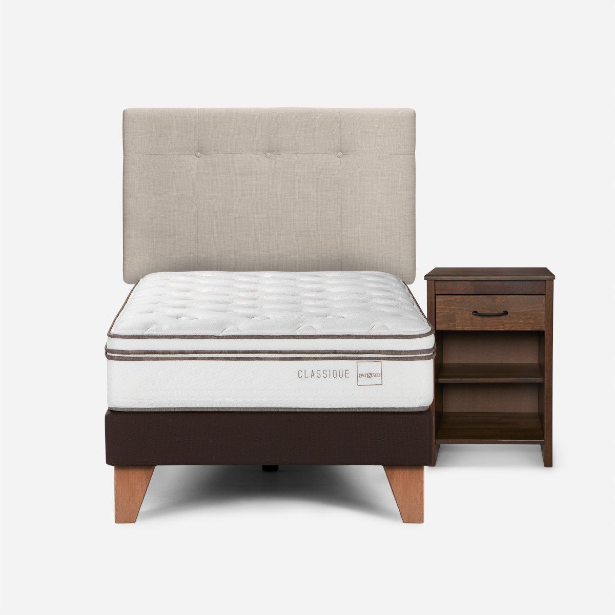 ROSEN - Cama Europea Classique+ 1,5 Plazas +Respaldo/Velador Natural