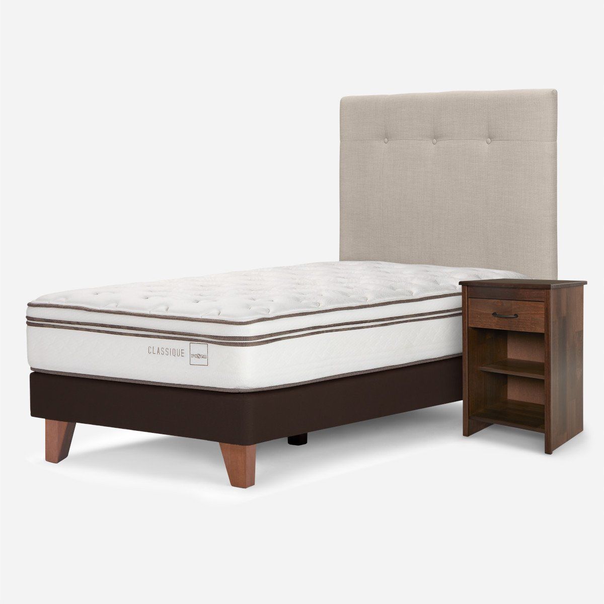 ROSEN - Cama Europea Classique+ 1,5 Plazas +Respaldo/Velador Natural