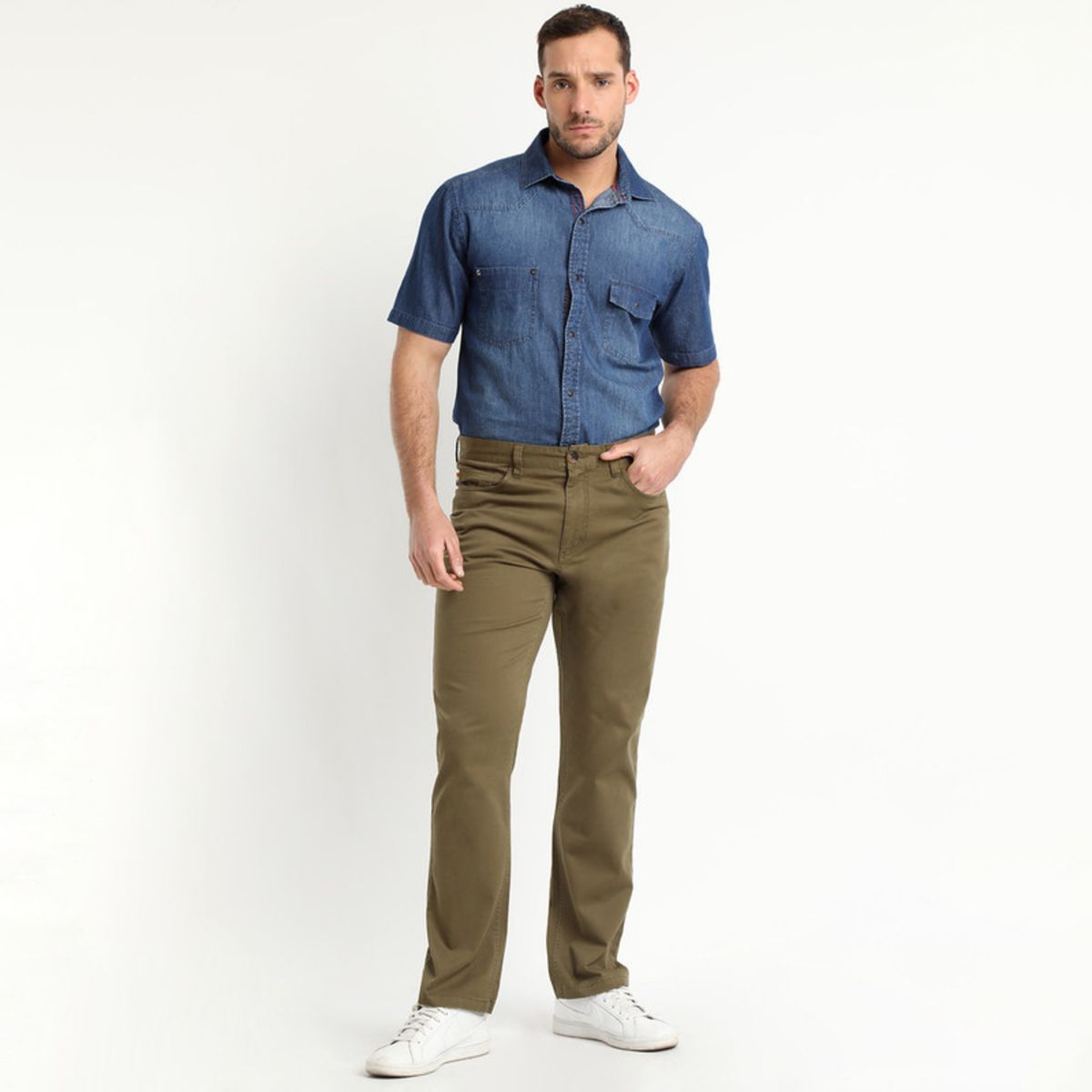 TRUVAL - Pantalón Spandex 5 Bolsillos Regular Fit Oliva Oscuro TRUVAL
