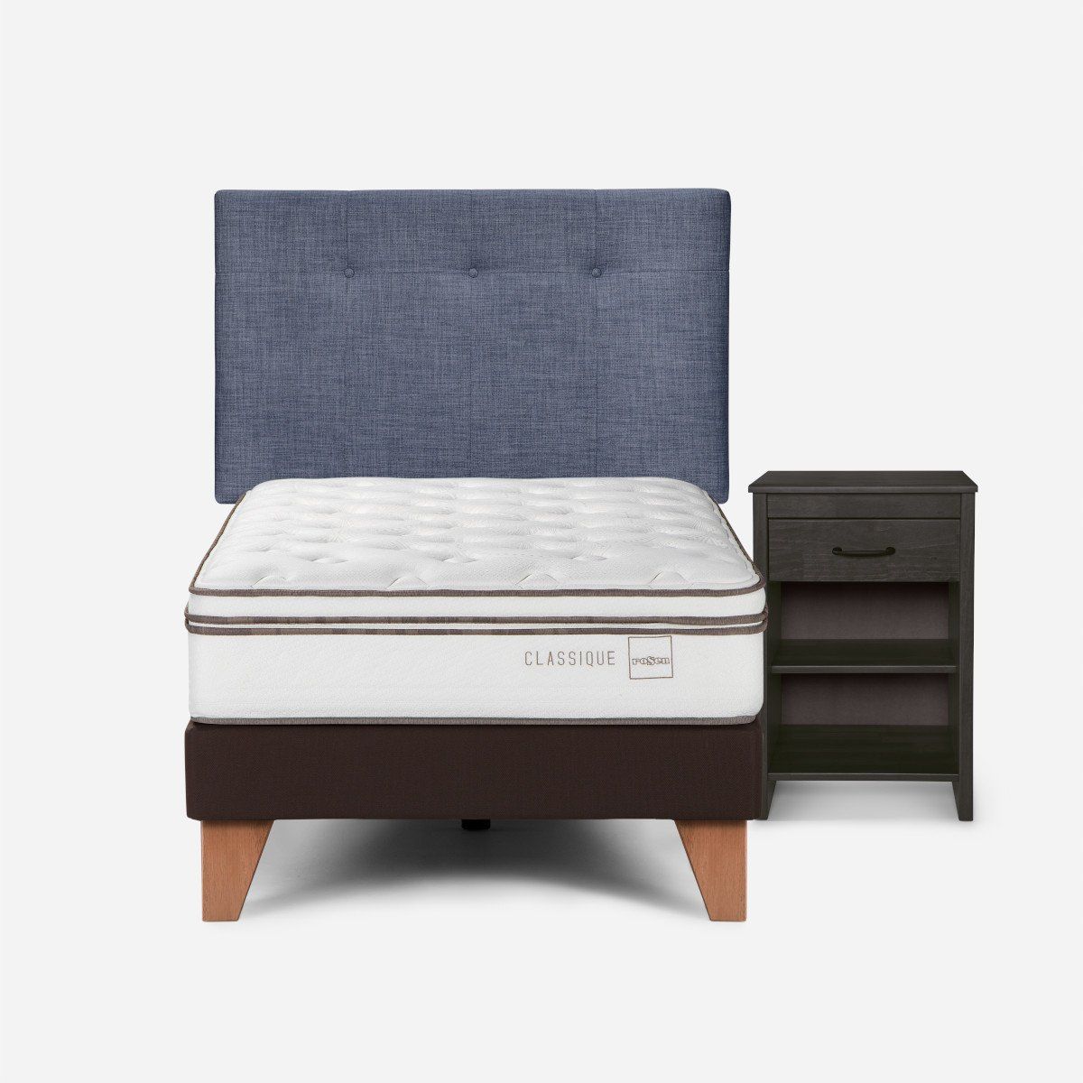 ROSEN - Cama Europea Classique+ 1,5 Plazas + Respaldo/Velador Denim