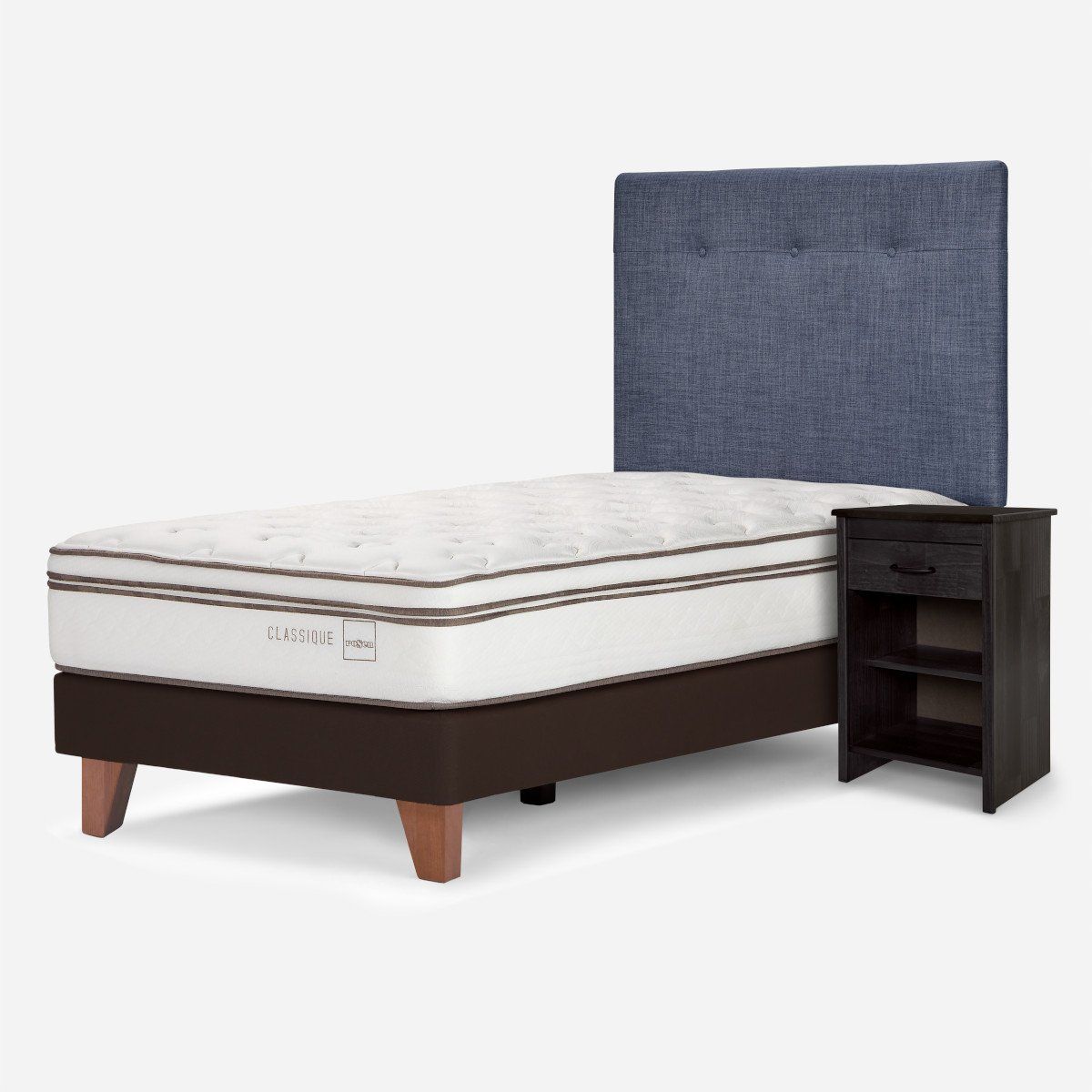 ROSEN - Cama Europea Classique+ 1,5 Plazas + Respaldo/Velador Denim