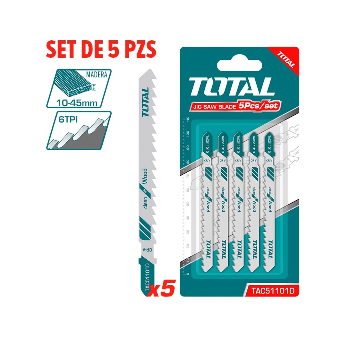 TOTAL TOOLS - Set Hojas para Sierra Caladora para Madera 5 Piezas TOTAL