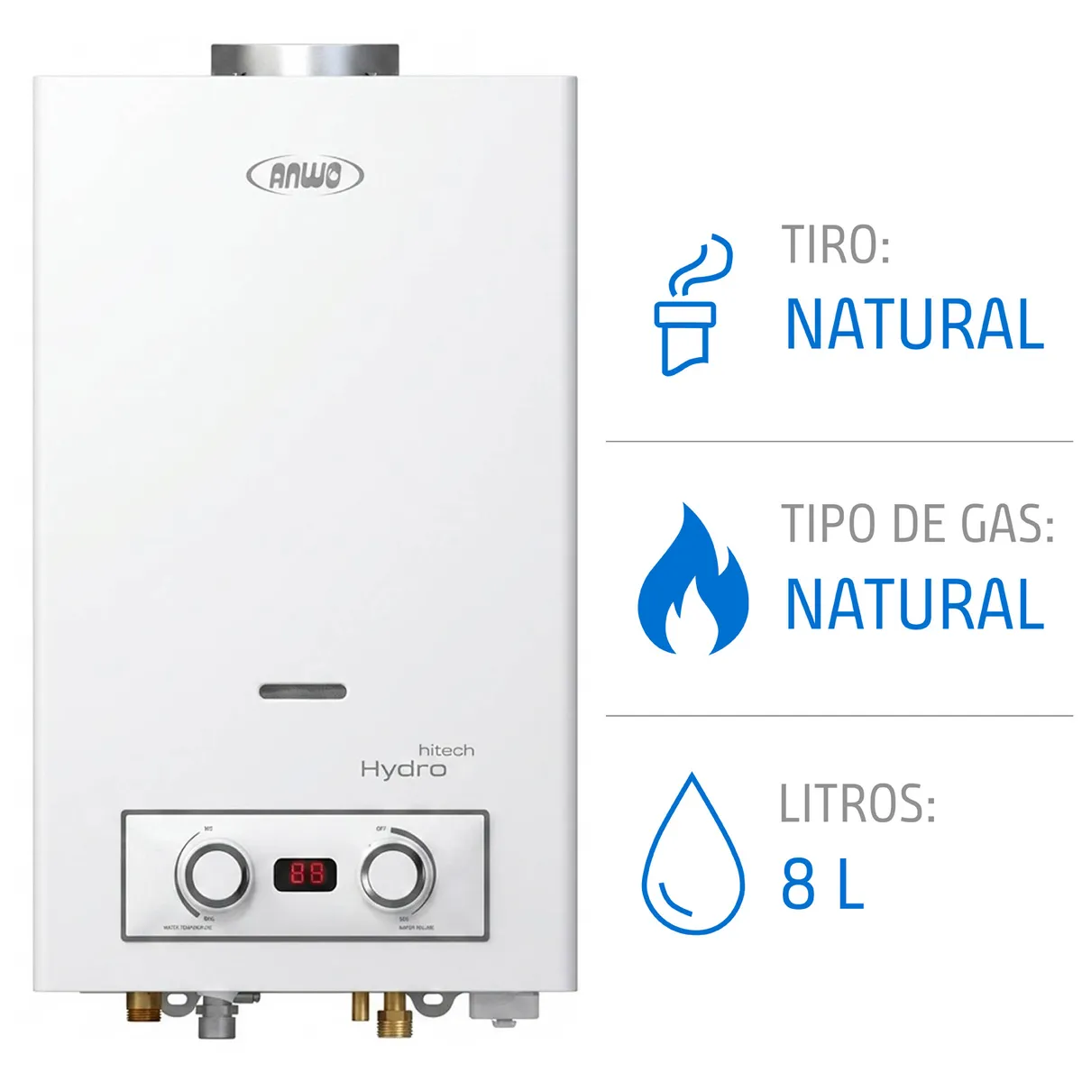 Calefont Anwo 8 Litros Gas Natural Tiro Natural Hitech Hydro 16, marca ANWO - Foto Principal