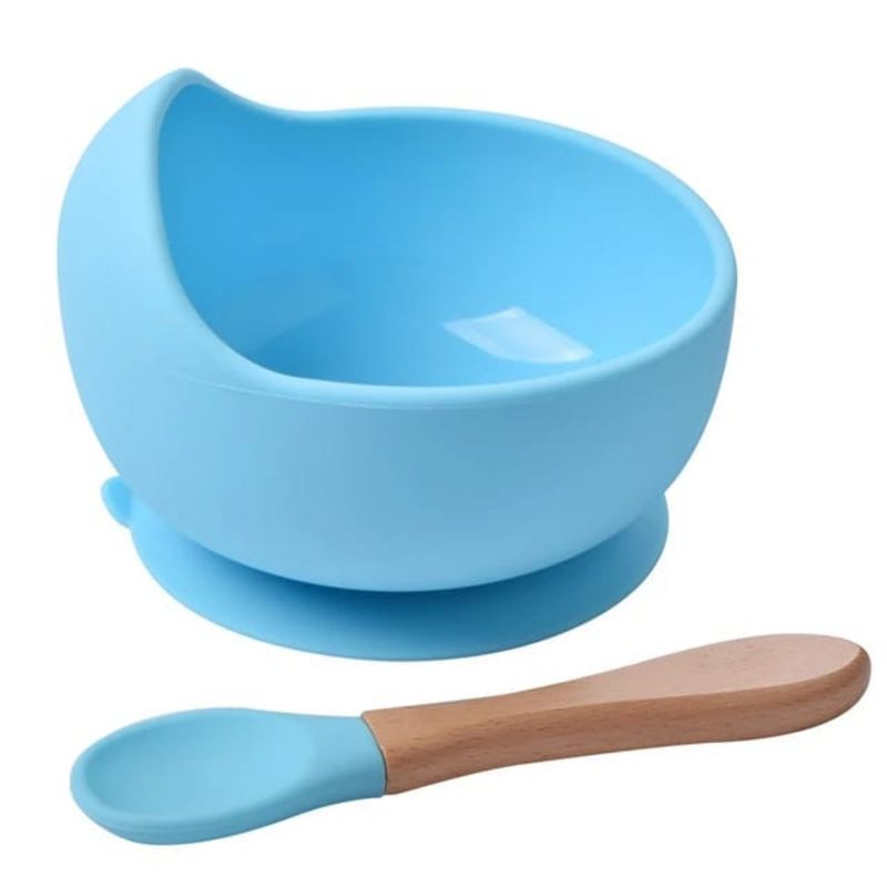 OEM - CUENCO DE SILICONA CON CUCHARA PARA BEBE CELESTE