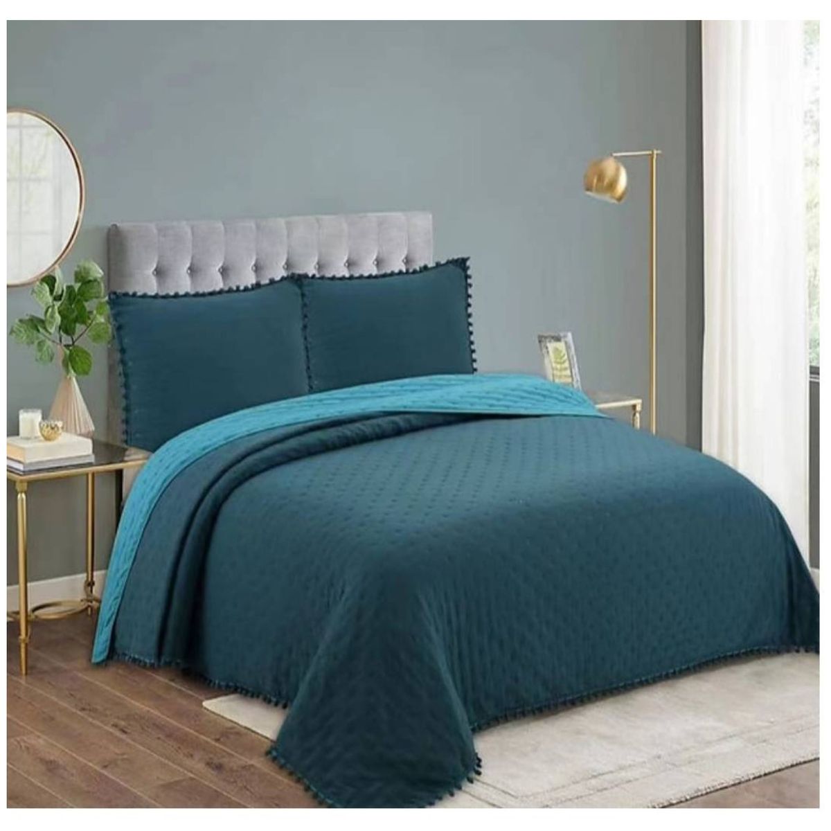 COMPRAPO - Cubrecama Quilt Algodón Pompones 2 Plazas + 2 Fundas Color  Petróleo