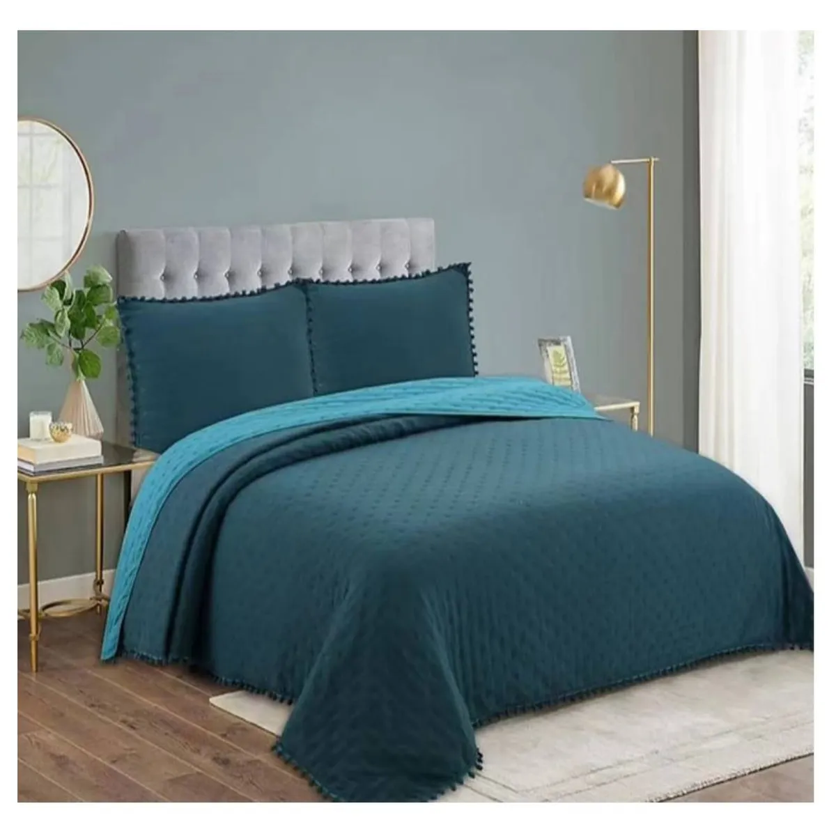 COMPRAPO - Cubrecama Quilt Algodón Pompones 2 Plazas + 2 Fundas Color  Petróleo