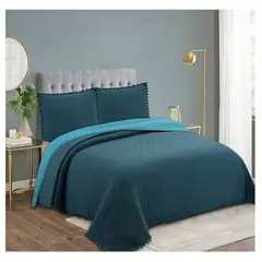 COMPRAPO - Cubrecama Quilt Algodón Pompones 2 Plazas + 2 Fundas Color Petróleo