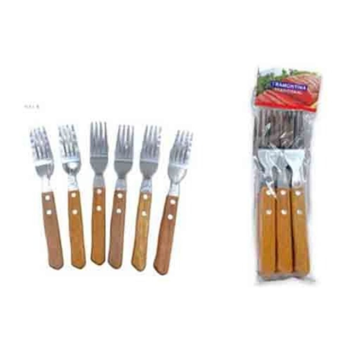 GENERICO - Pack de 6 Tenedores Acero Inoxidable Cubiertos Mango Madera