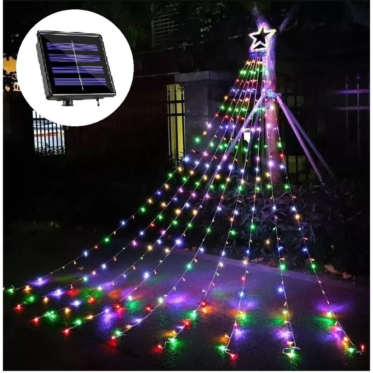 GENERICO - Luz Solar Cascada De Árbol Navidad Con Estrella Colores