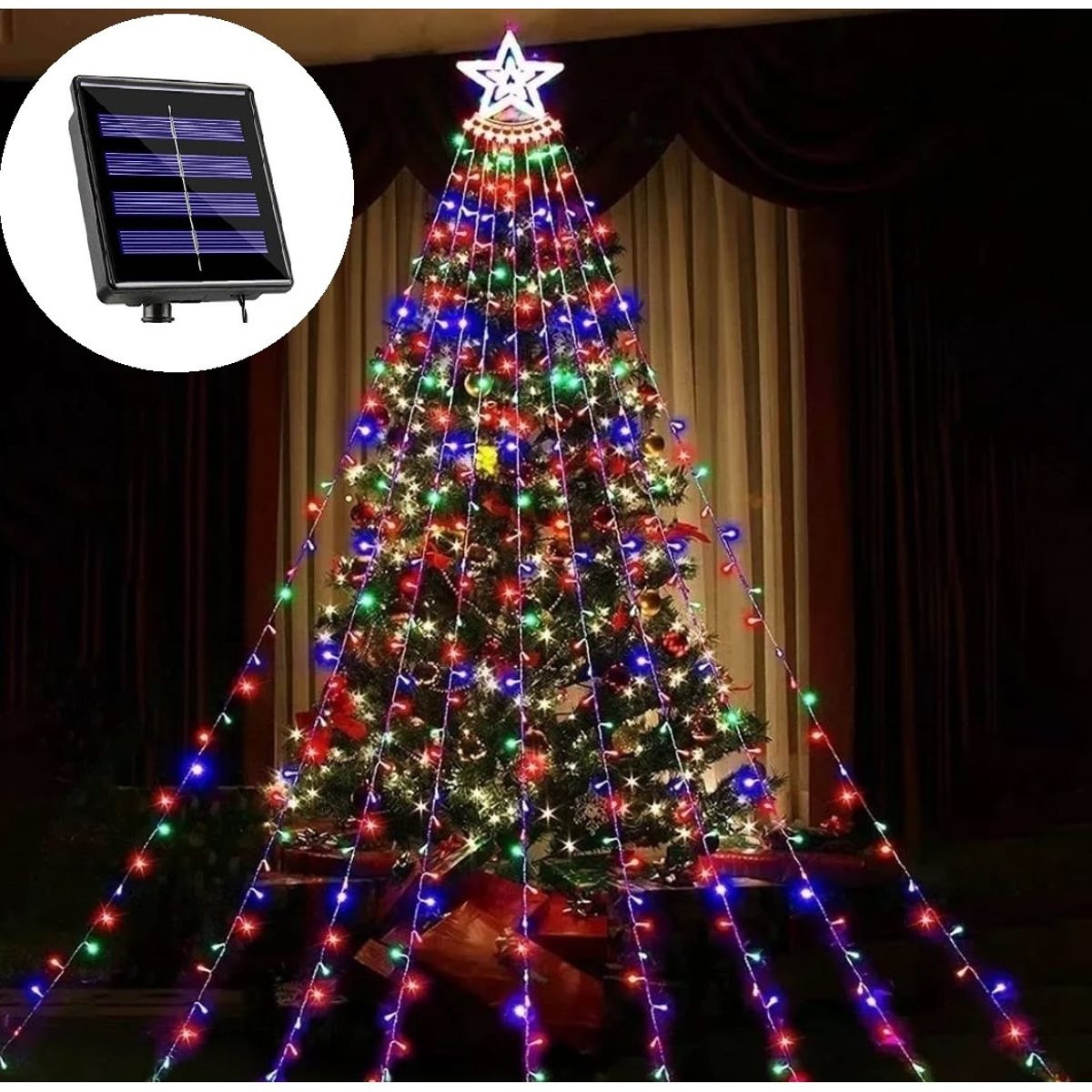 GENERICO - Luz Solar Cascada De Árbol Navidad Con Estrella Colores