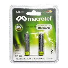 MACROTEL - Pack 2 Pilas Recargables AAA 1000mha