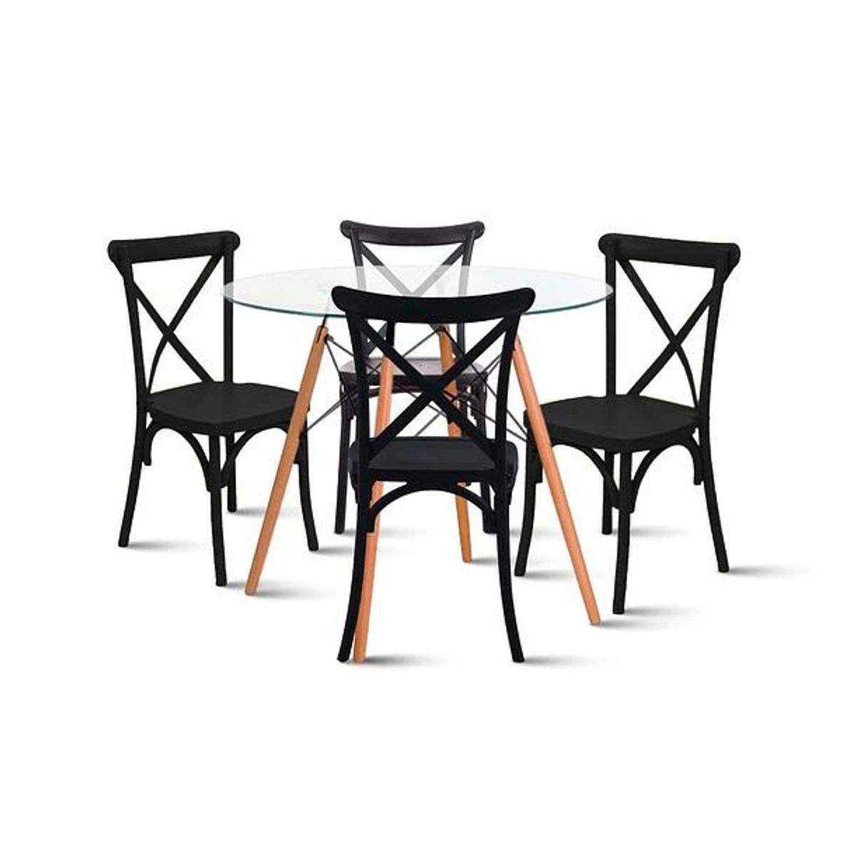 KLIK - Comedor Mesa Eames Vidrio 80cm + 4 Sillas Crossback Negras